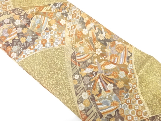 糸巻きに鳳凰・花模様織り出し　袋帯